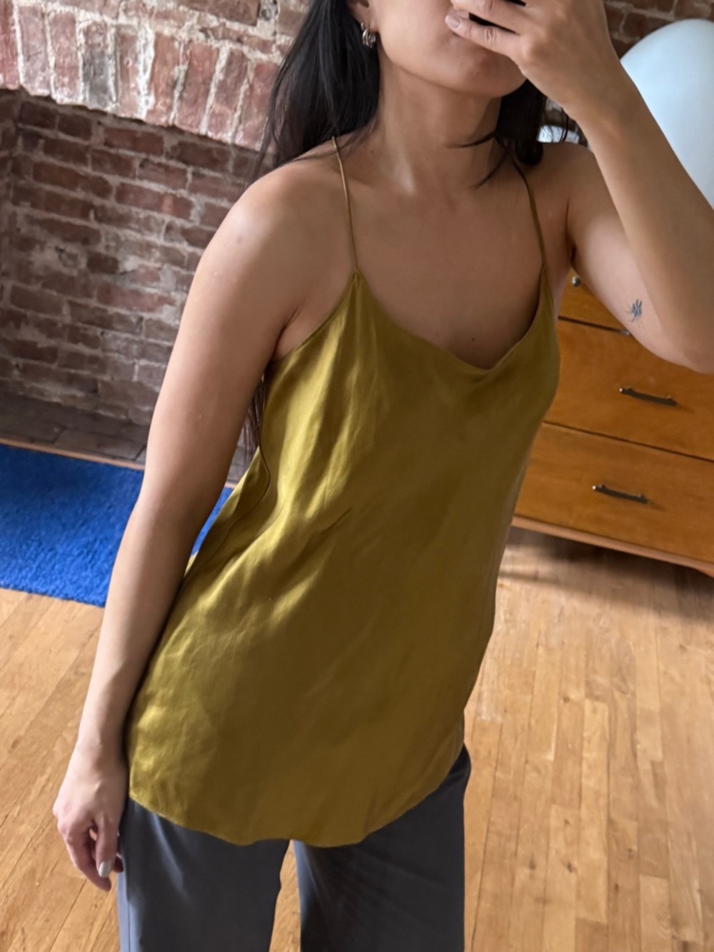 Olive Tan Green Silk Spaghetti Cami Tank Top size S - Picture 3 of 4